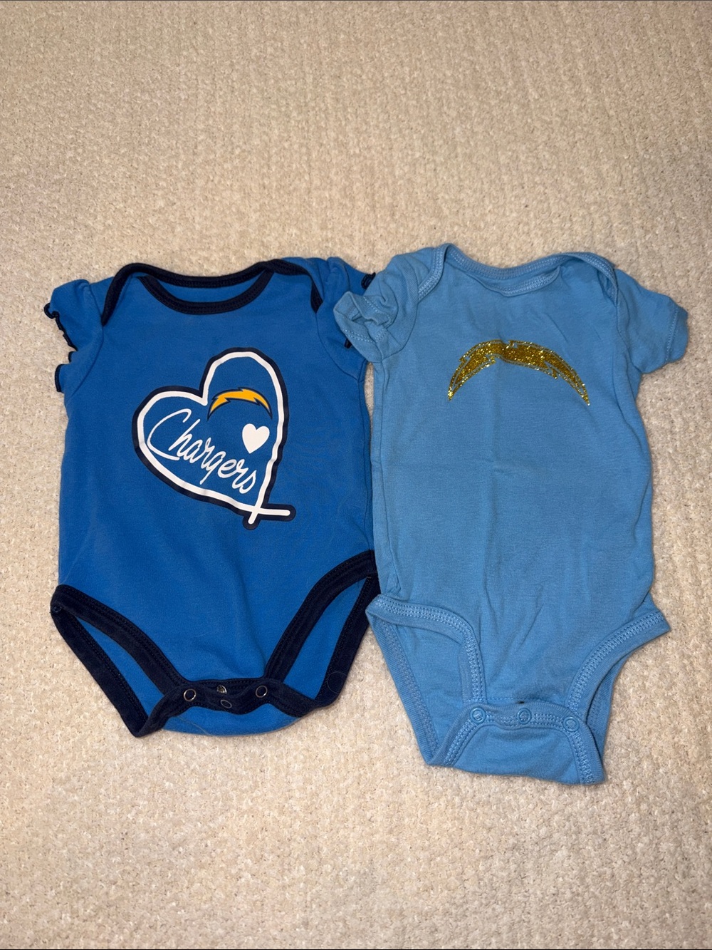 Two NFL Chargers Onesies. One-Piece Bodysuits